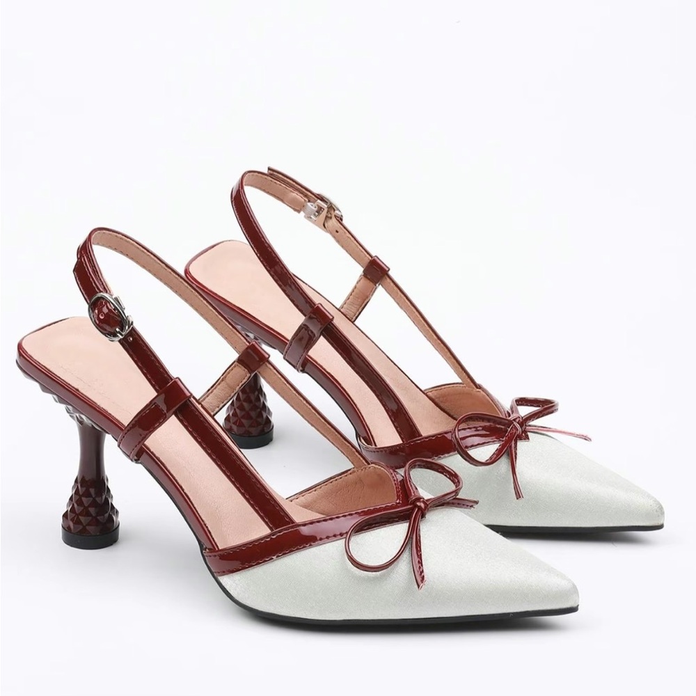 Women's Kitten Heels closed Toe Strappy Heels cream and maroon